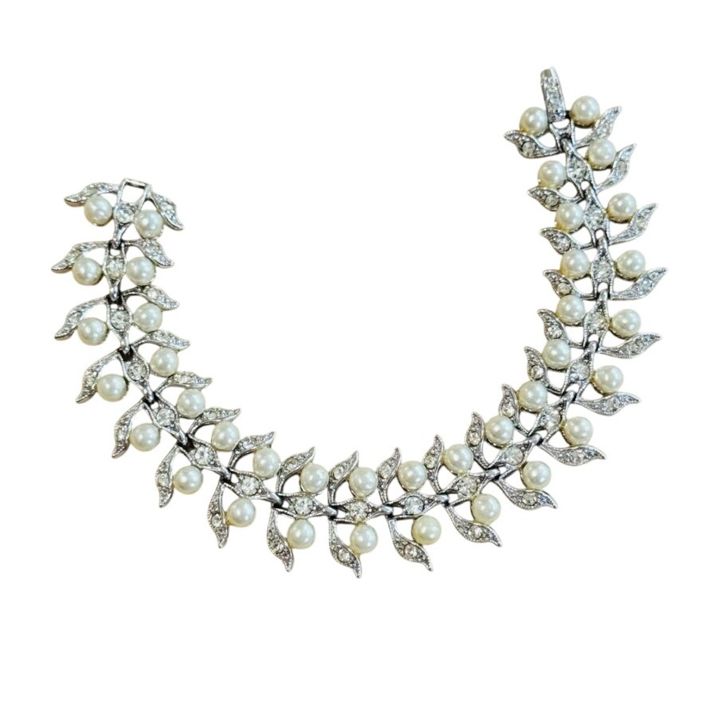 Bracelet VTG Leaf Link silver Tone floral pearl cabochon Victorian Style jeweled